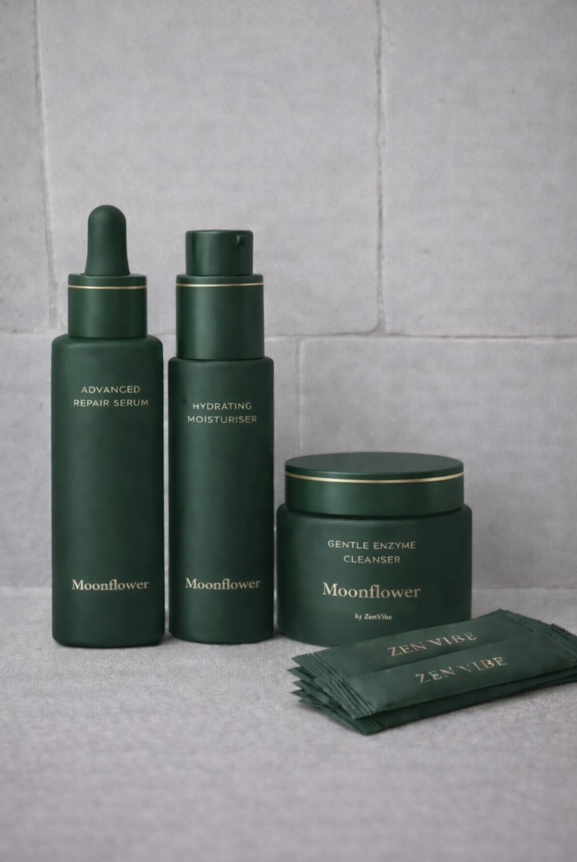 The Moonflower Collection by ZenVibe — Advanced Repair Serum, Hydrating Moisturiser, Gentle Enzyme Cleanser